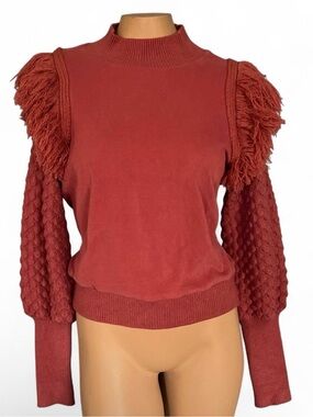 Anthropology Dolan Red Fringe & Cable Sleeve Turtleneck Sweater